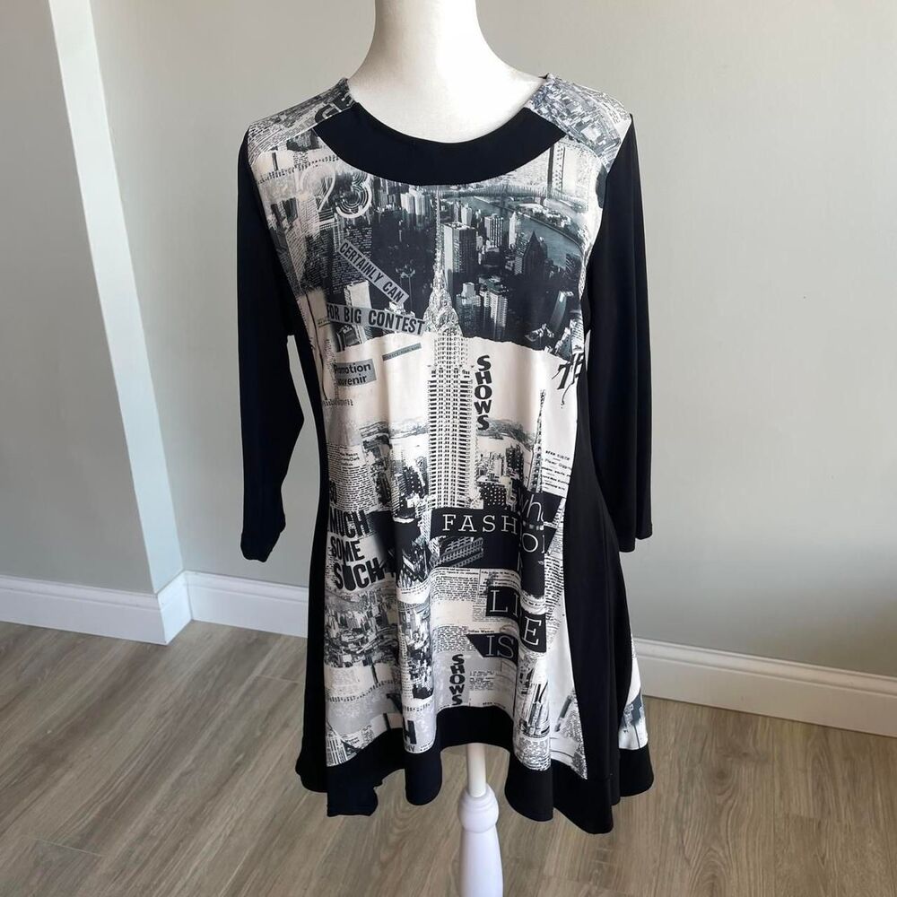 Y2K Newspaper Print Black & White Tunic Top McBling NYC Reputation Taylor Swift